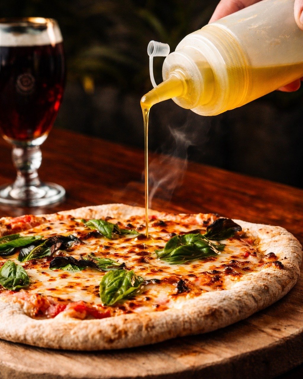 Pizza margherita con aceite de oliva y albahaca, recién horneada